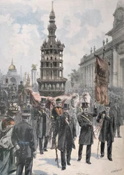 Parade van het Meesterwerk van de Timmerlieden voor het Grand Palais, illustratie uit 